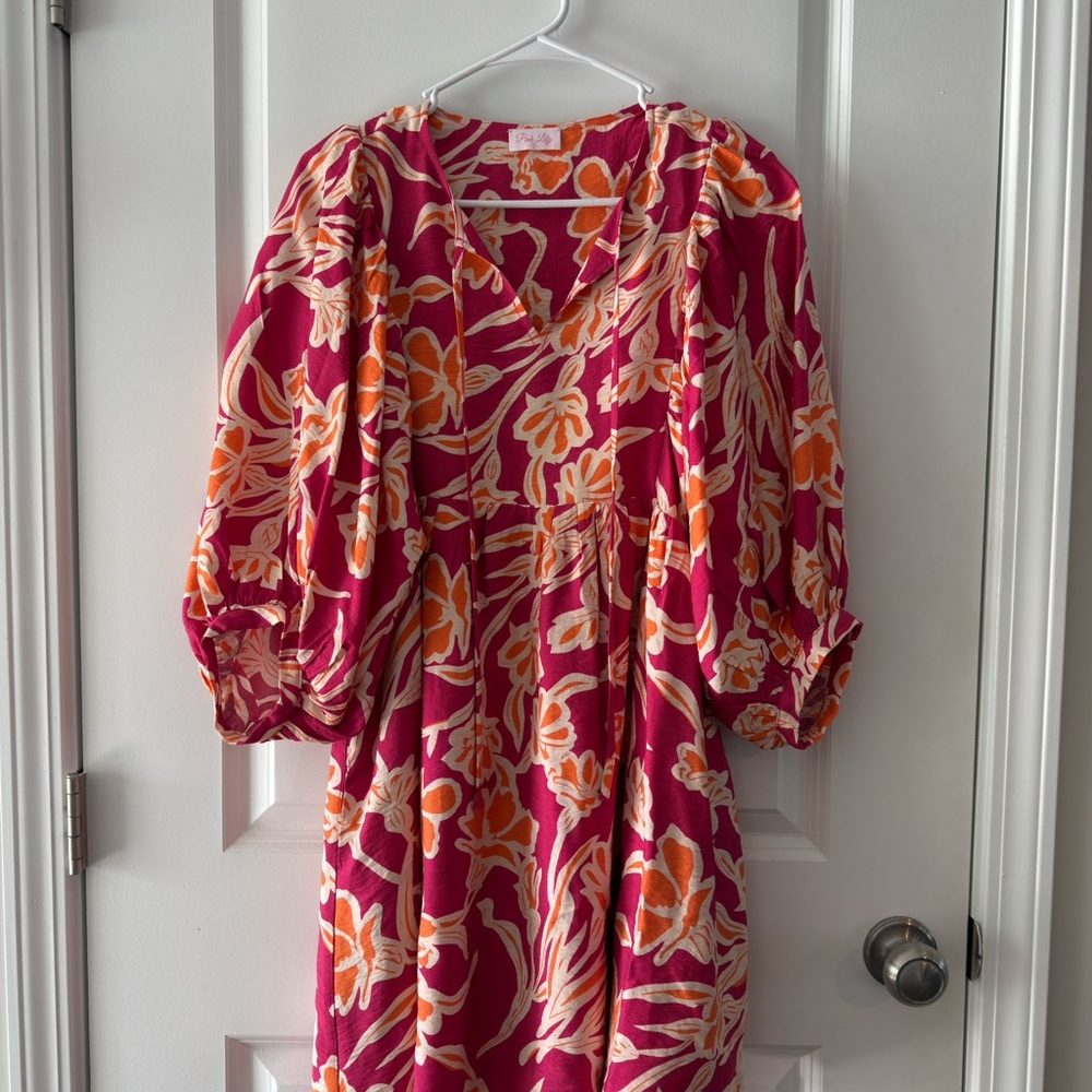 Pink Lily Floral Mini Dress - Pink and Orange